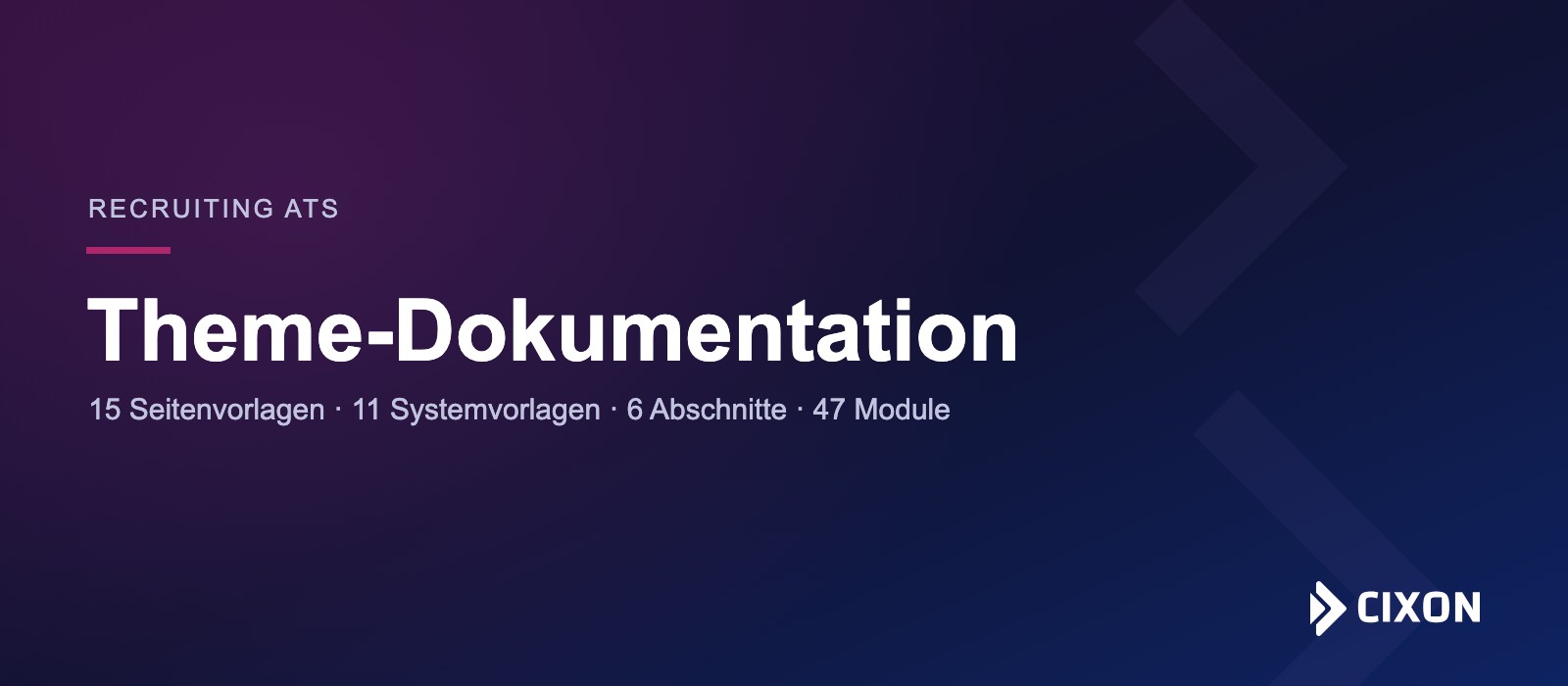 Theme-Dokumentation Recruiting ATS: 15 Seitenvorlagen, 11 Systemvorlagen, 6 Abschnitte, 47 Module