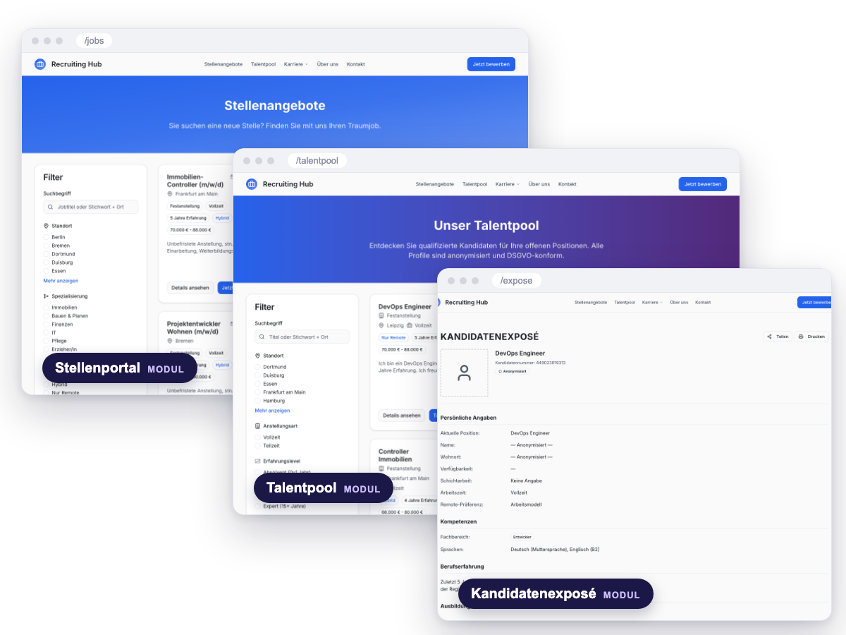 Vorschau der App-Module Stellenportal, Talentpool und Kandidatenexposé